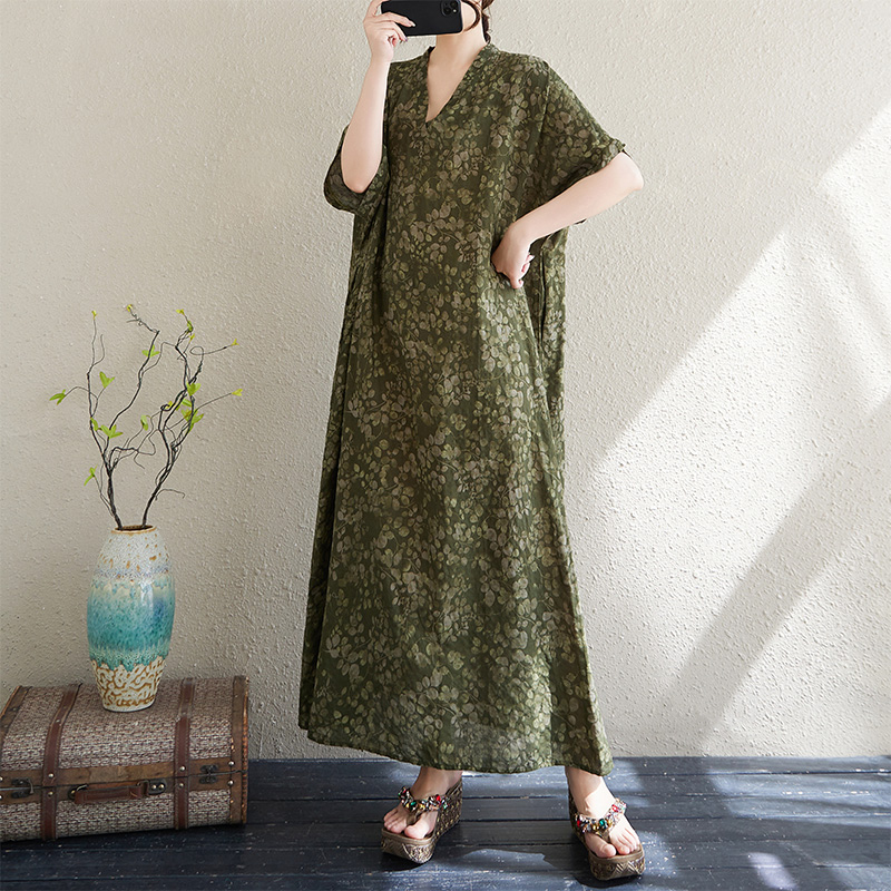 Linen Dress Wrap - Yazlık V Yaka Bol Kesim Pamuklu