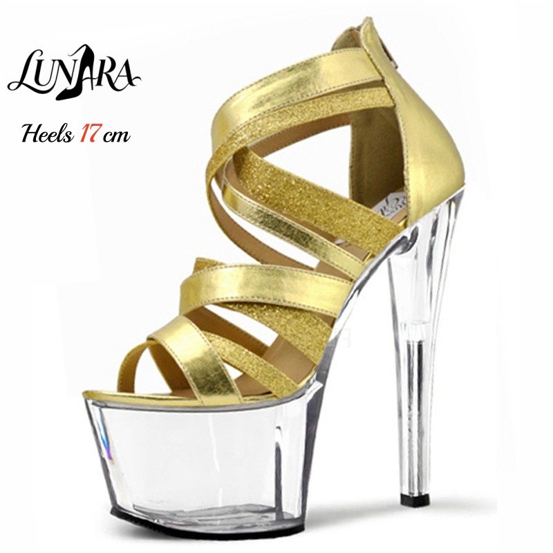 Sandal Strappy Heeled - 17cm/7 İnç Altın Metalik Askılı Açık