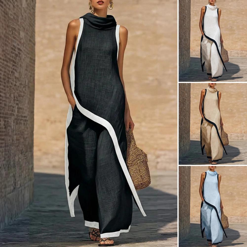 Linen Pant Wide - Kadınlar Renk Bloklu Pamuklu Keten İki